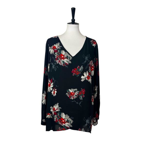 Chelsea & Theodore Tunic Top V-neck Chiffon Black Red Floral Women’s Size XL - Picture 1 of 11